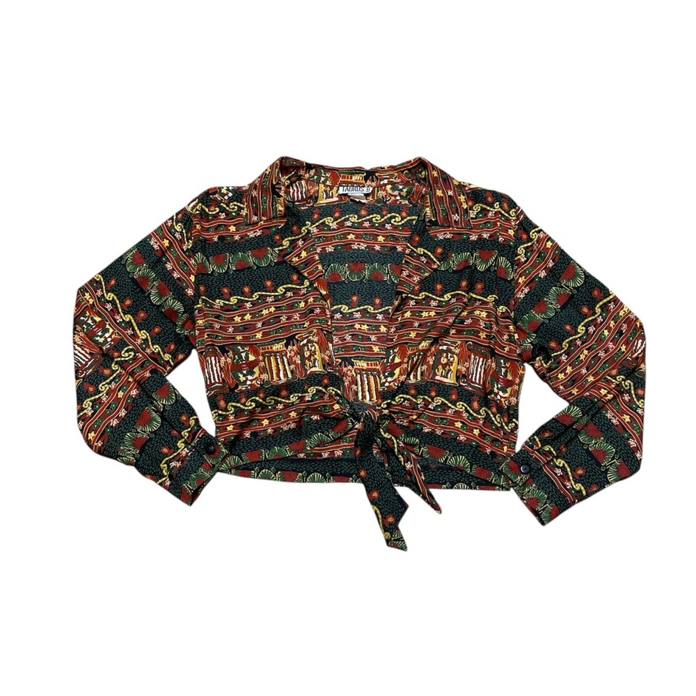 Vintage Taurus II Long Sleeve Blouse Women’s 14 Cropped Shirt Tie Waist Top 90’s